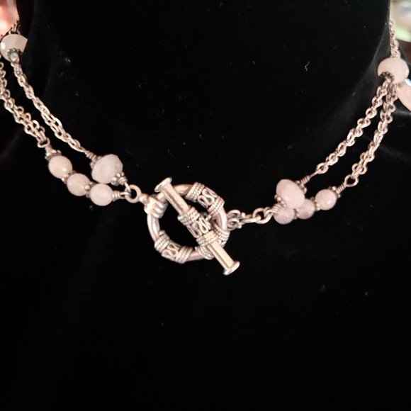 Pink Rose Quartz Necklace 2 Rows Silver Chain, Balinese Toggle Clasp 16 & 18” - Picture 4 of 6